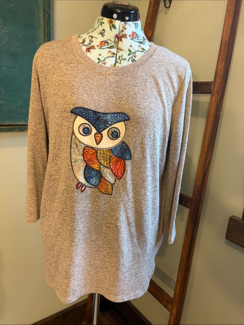 Beige Crewneck Sweater with Multicolor Owl Appliqué